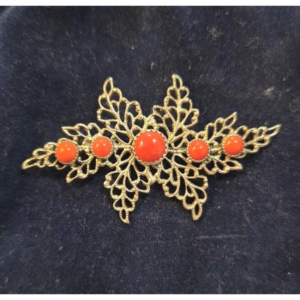 Vintage Filigree Coral Beaded Brooch - 2.5in Silver Gilt Detailed
